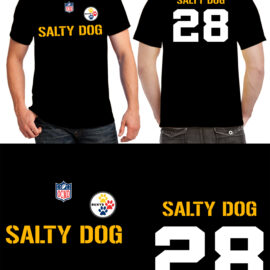 Front, Back, and zoomed in collage images of Buxy's football jersey t-shirt.