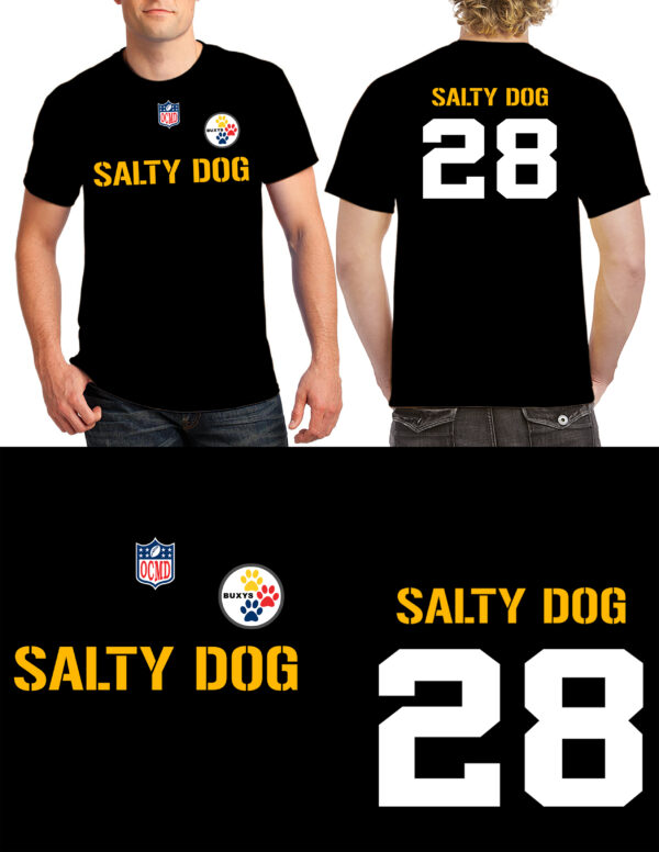 Front, Back, and zoomed in collage images of Buxy's football jersey t-shirt.