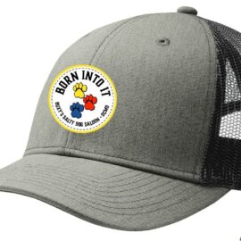 Grey baseball hat with Buxy's Born Into It patch on the front.