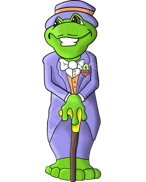 animated frog wearing a purple suit with a purple hat holding a cane