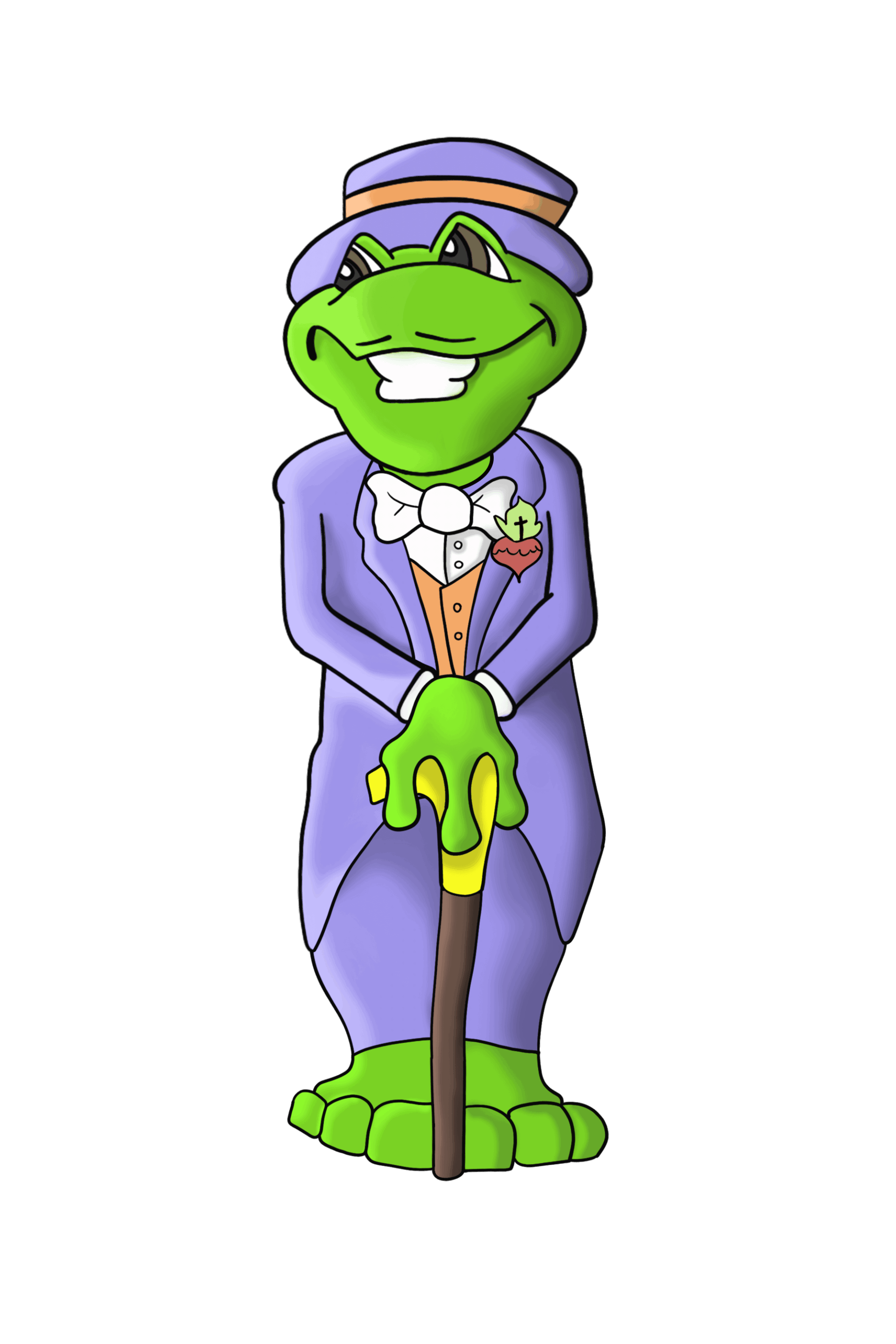 animated frog in a purple suit and hat holding a cane