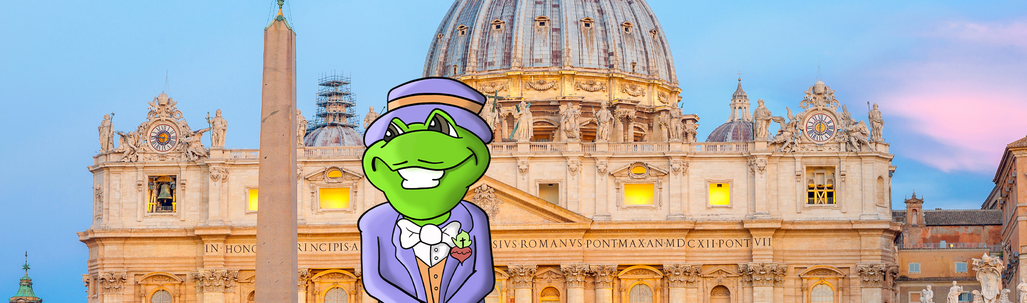 Animated frog wearing a purple suit in Italy
