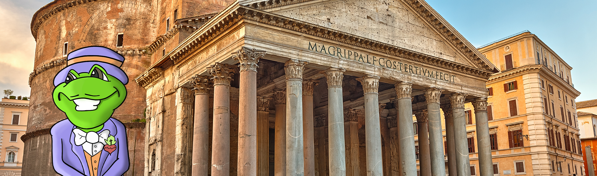 Animated frog wearing a purple suit next to ancient European architecture