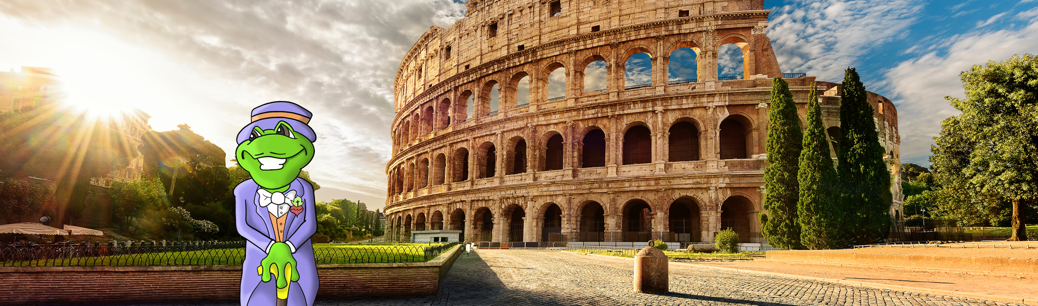 Animated frog wearing a purple suit in Italy by the colosseum