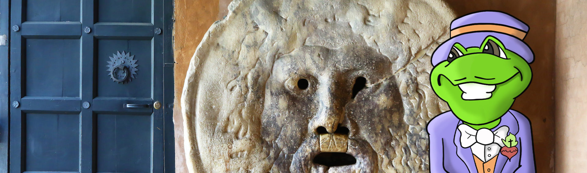 frog in purple suit next to the Mouth of Truth; bocca della verita