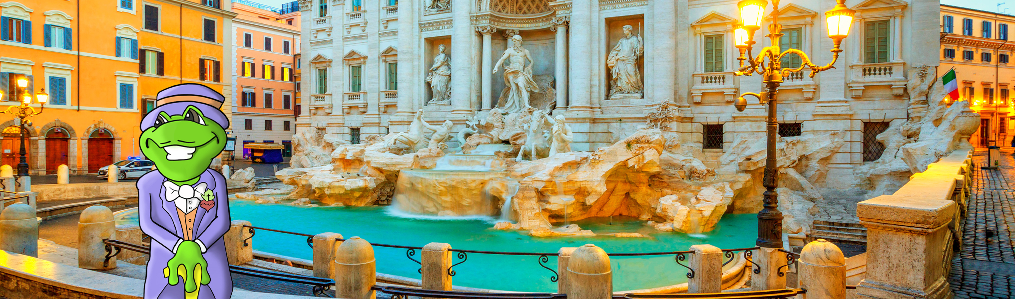 Animated frog in a purple suit next to trevi fountain