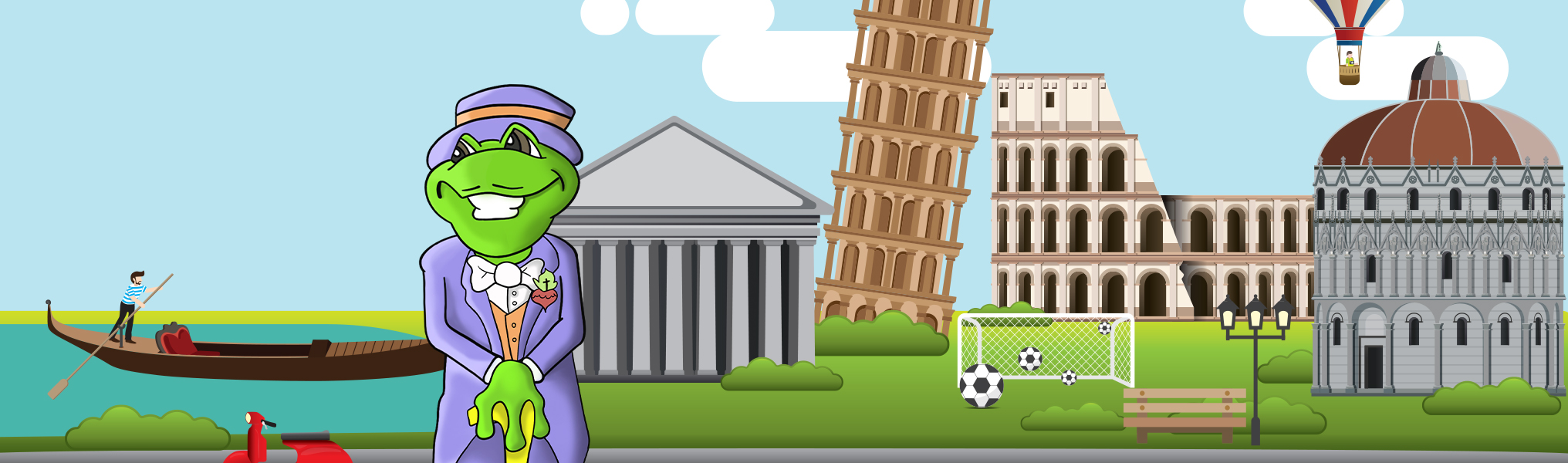 Animated frog wearing a purple suit in Italy