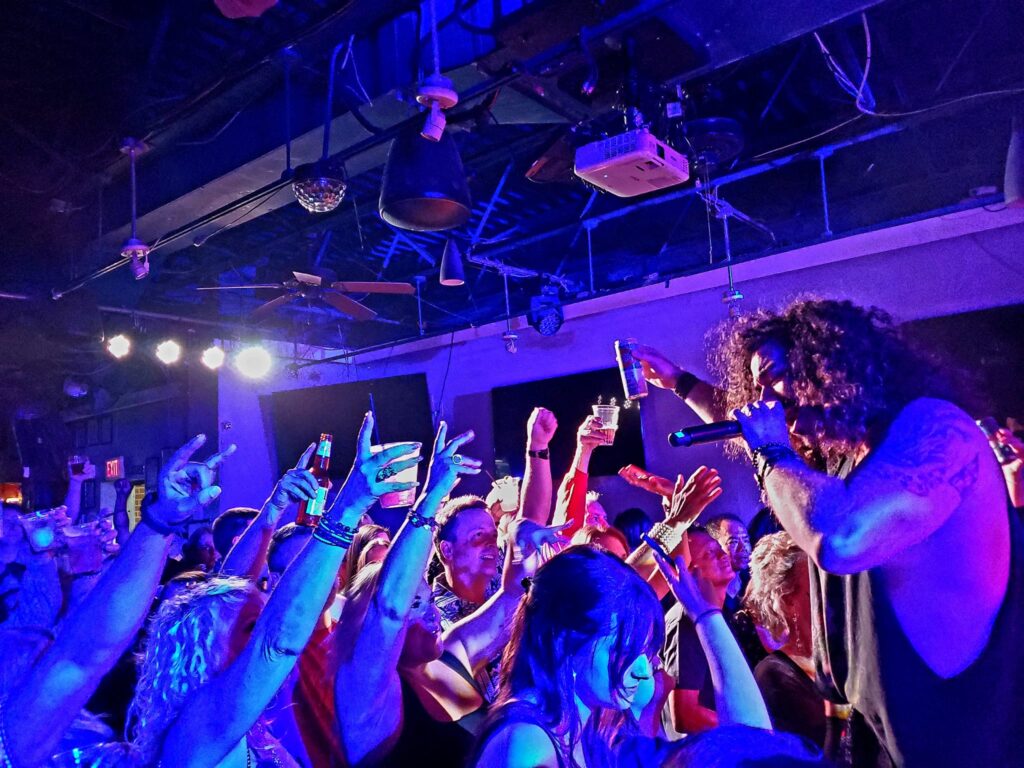 a crowd of people at a concert with their hands up