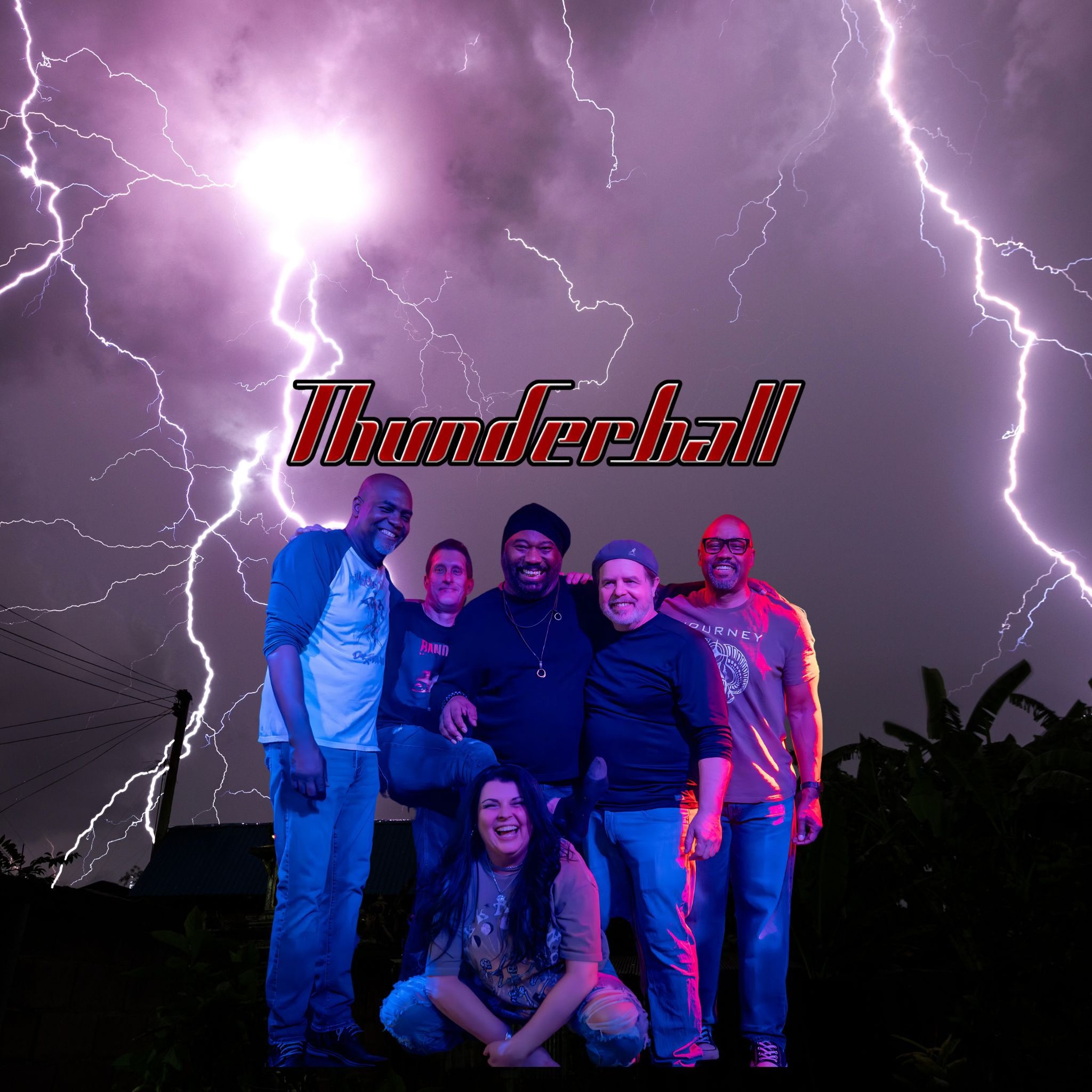 a group of people standing in front of a lightning