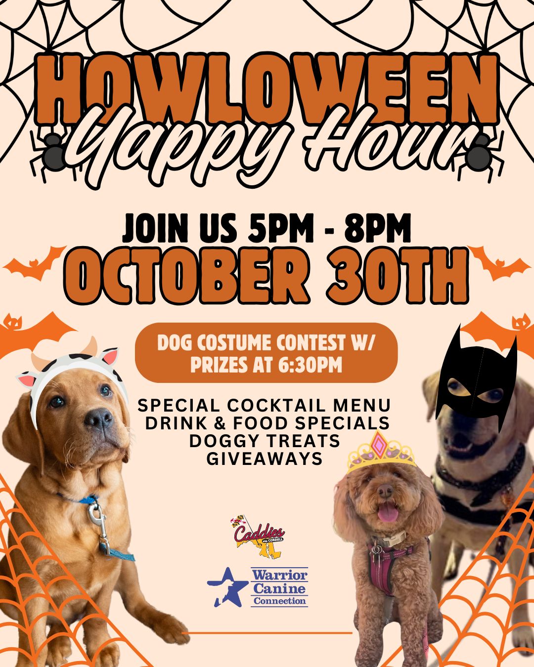 a flyer for a halloween party with three dogs