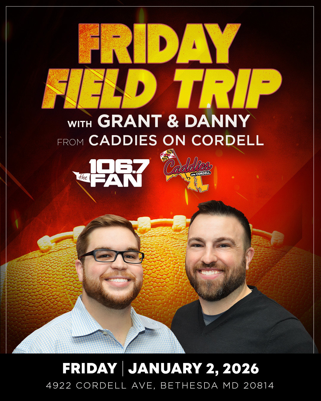 a flyer for a friday field trip with two men