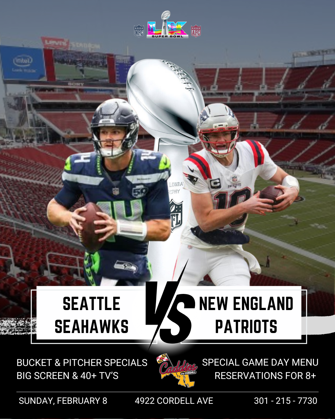 a poster for a football game featuring seattle and new england