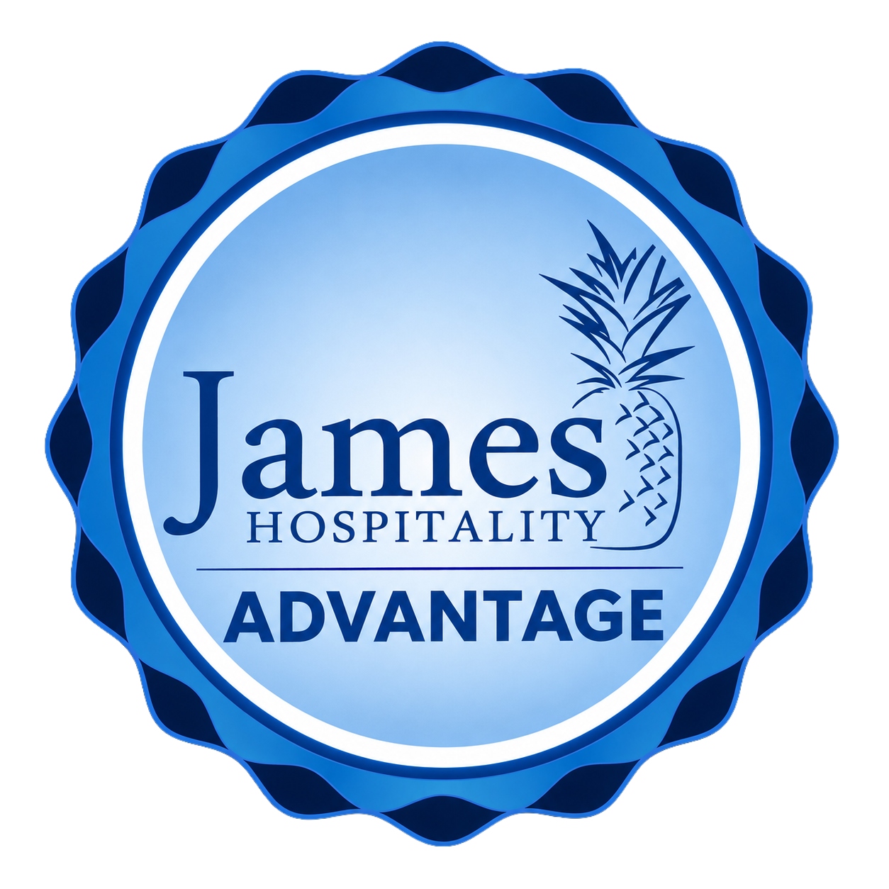 a blue and white sign that says james hospitality advantage