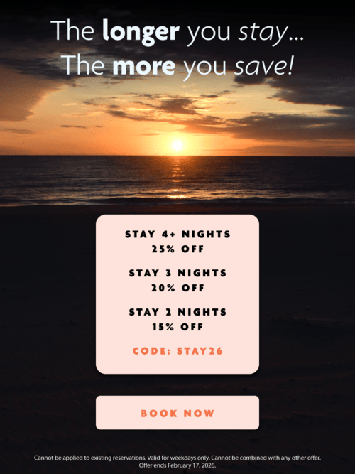 a sunset with the words, the longer you stay, the more you save