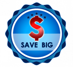 a blue seal with the words save big on it