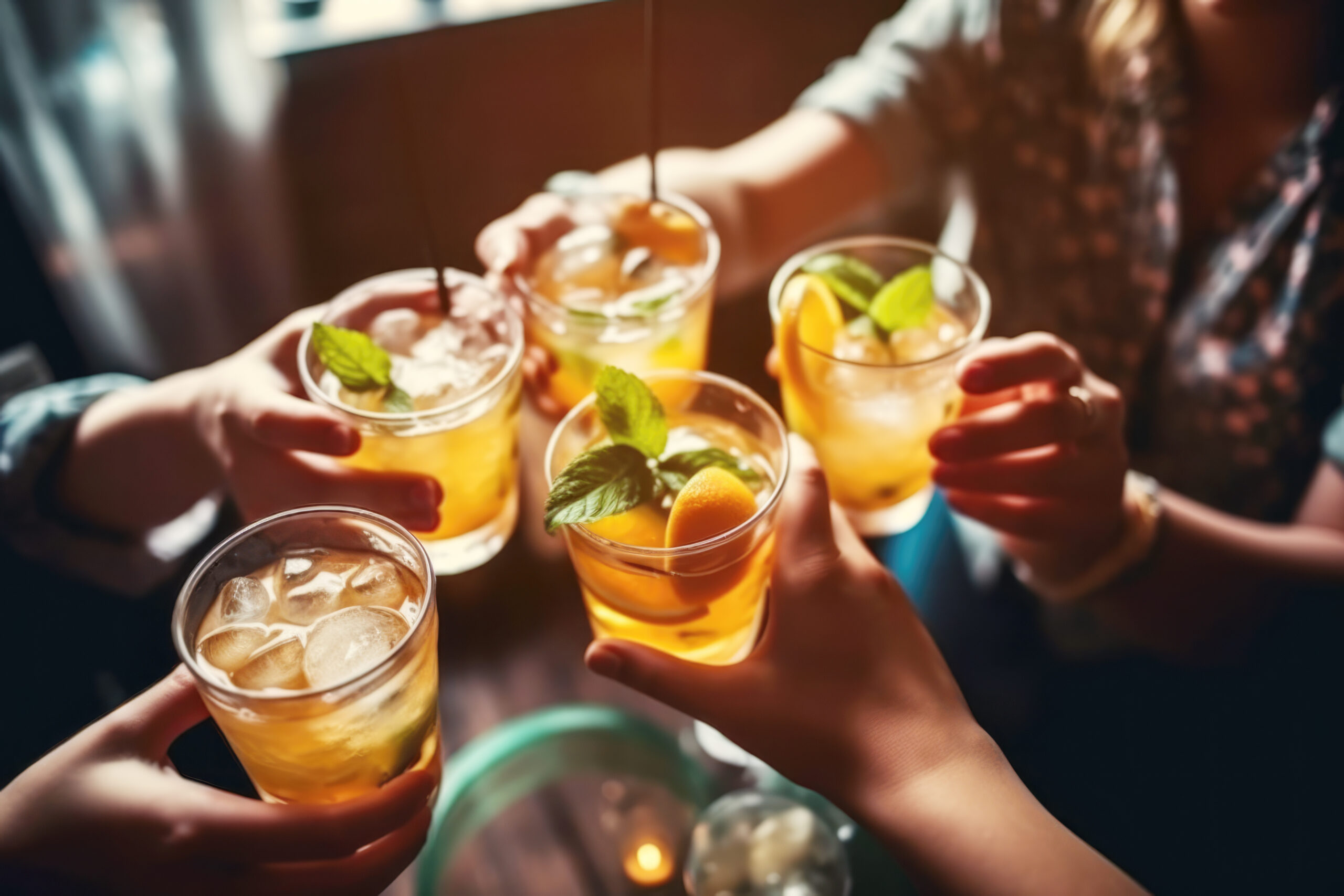 several people are holding glasses with drinks in them