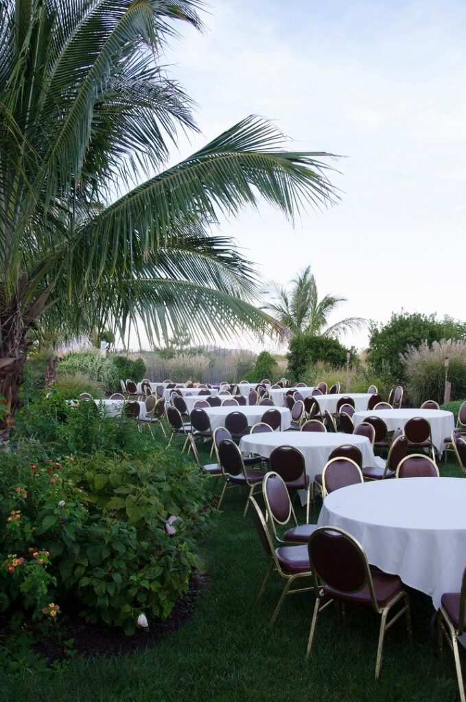 tables and chairs are set up in the grass