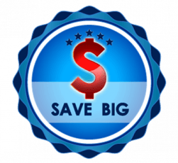 a blue seal with the words save big on it