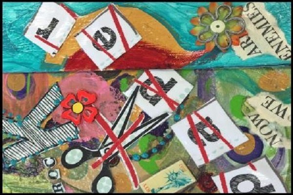 A collage of mixed art and objects.