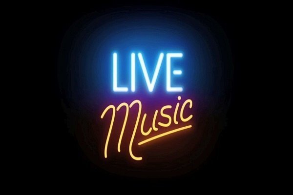 A sign that says "Live music" and is lit up.