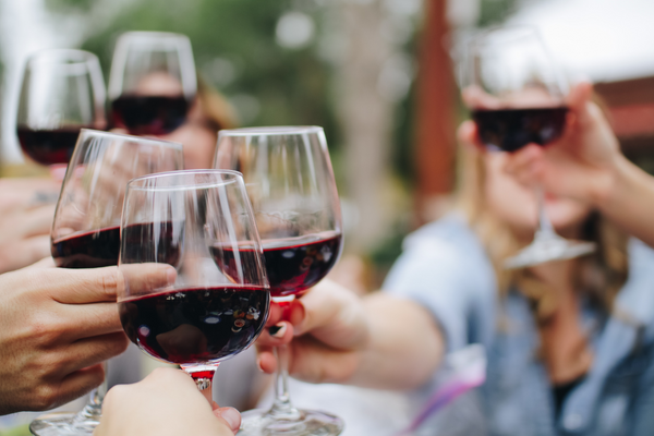 A group clinking their red wine glasses together.