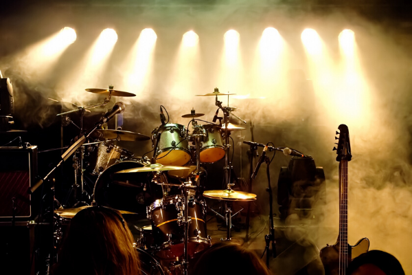 Band equipment on a stage.