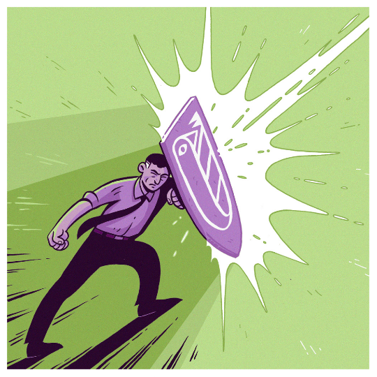 Cartoon man with shield holding off a lighting bolt.