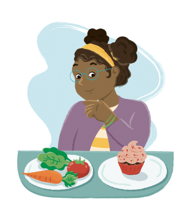 Girl looking at two plates. Choosing between a plate with a cupcake or a plate with vegetables.