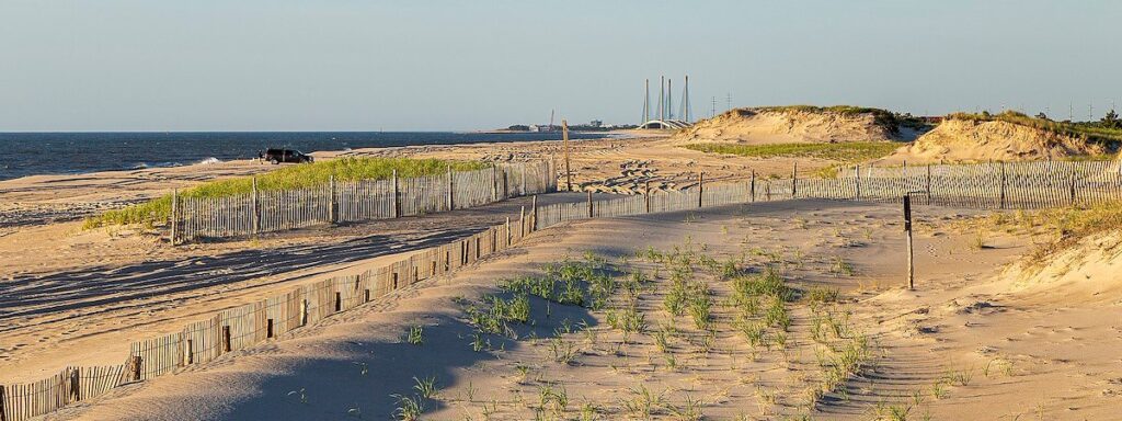 a sandy beach next to the ocean with a fence in the foreground