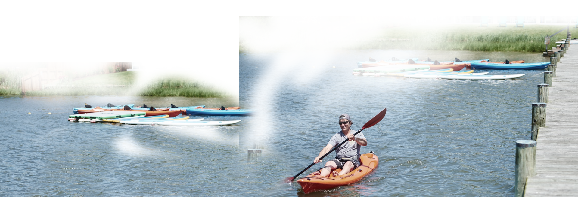A man kayaking in the bay