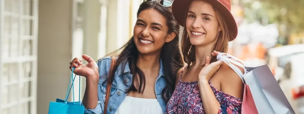 Two girls smiling with shopping bags