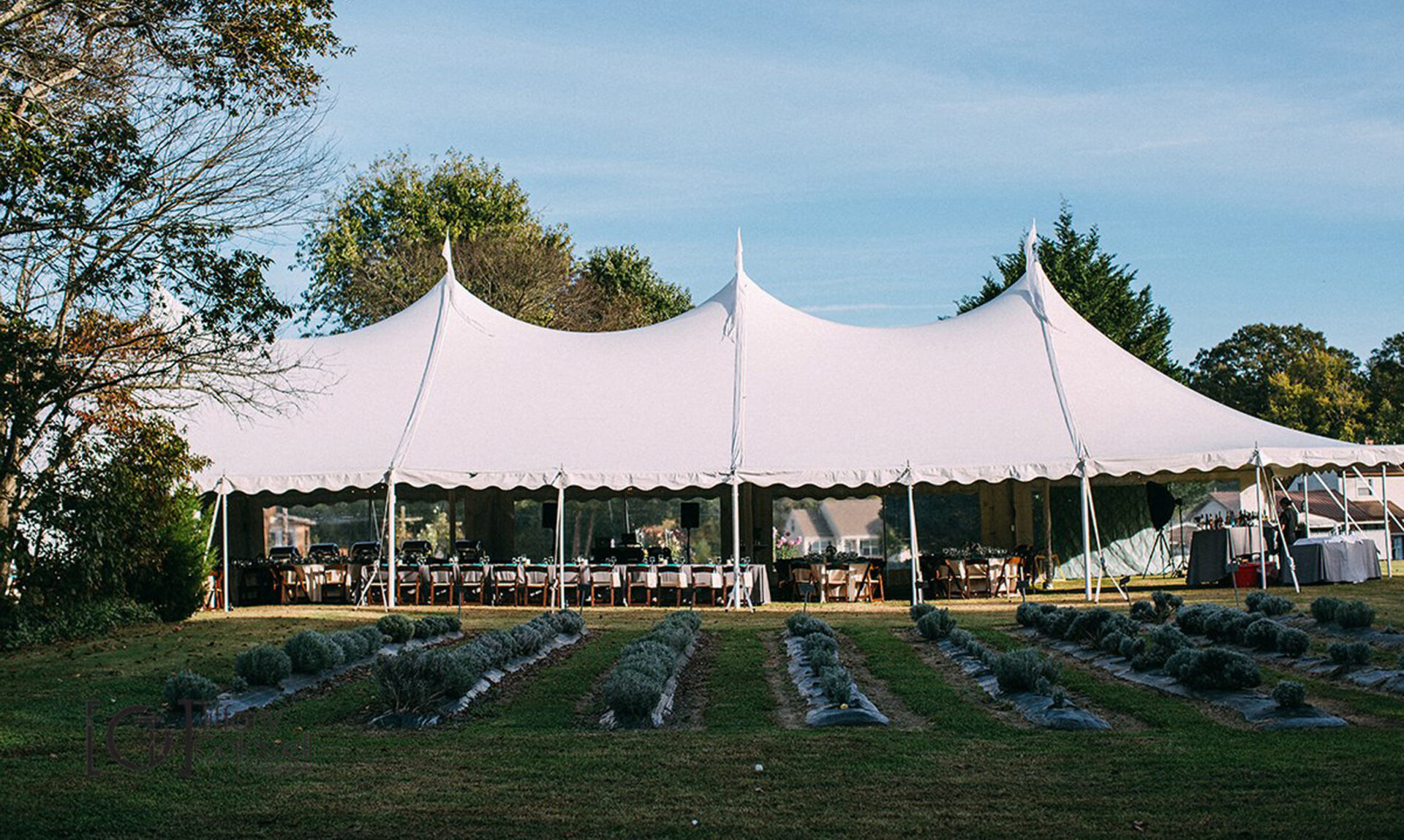 Large white tent for wedding reception