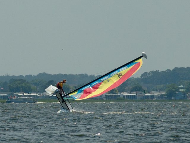 Flying a hull on hobie wave at Coastal Kayak in Fenwick Island, Delaware.