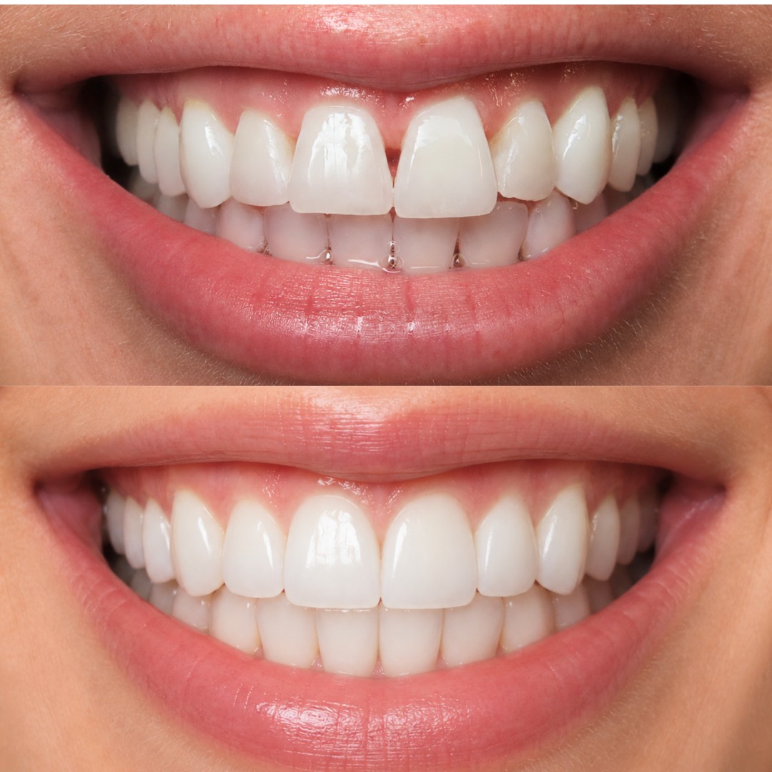 A woman's smile before and after teeth, showcasing a significant improvement in brightness and confidence.