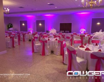 colored wall accent lights accentuate wedding reception dining tables