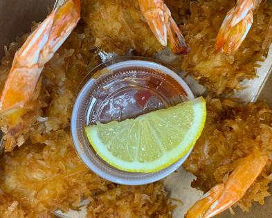 Fried coconut shrimp with lemon