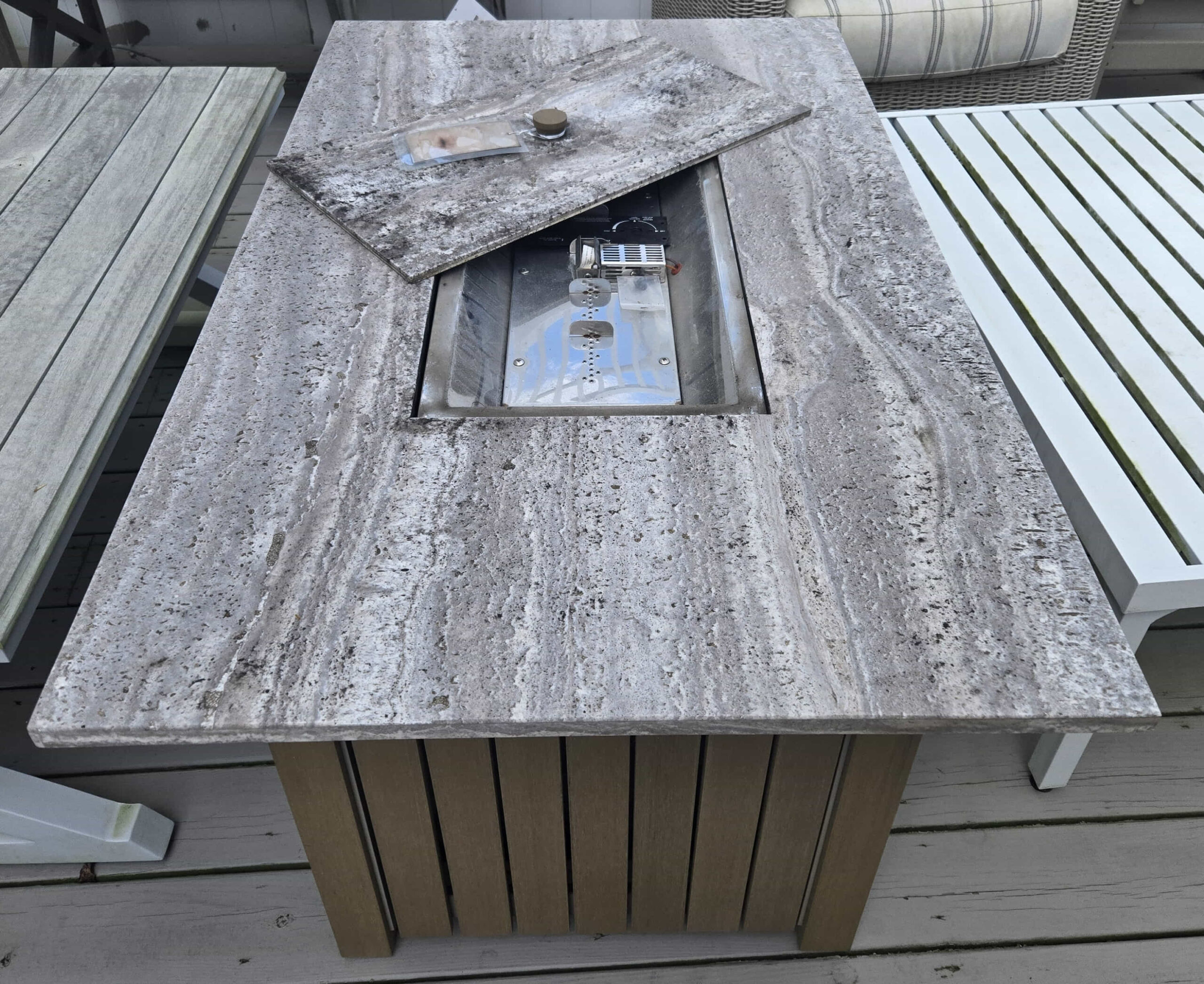 a table with a picture frame on top of it