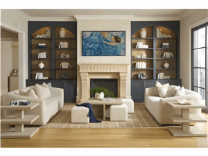 a living room filled with furniture and a fire place