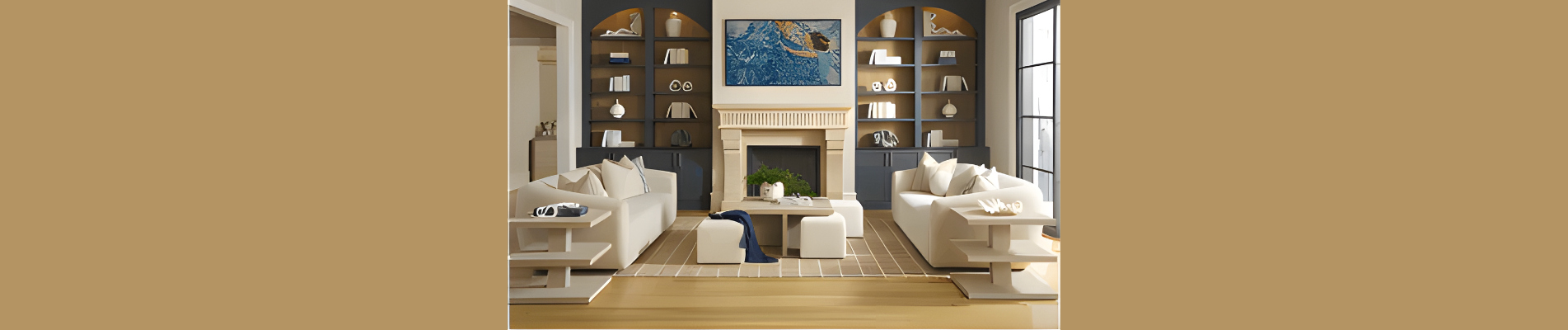 a living room filled with furniture and a fire place