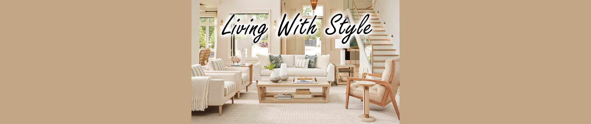 a living room filled with furniture and a staircase