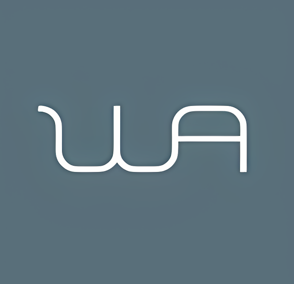 a white logo on a gray background