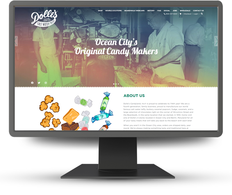 Monitor displaying home page of Dolle's