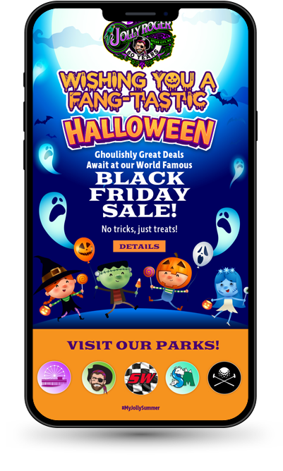 Cell phone displaying Halloween black Friday sale for Jolly Rodger