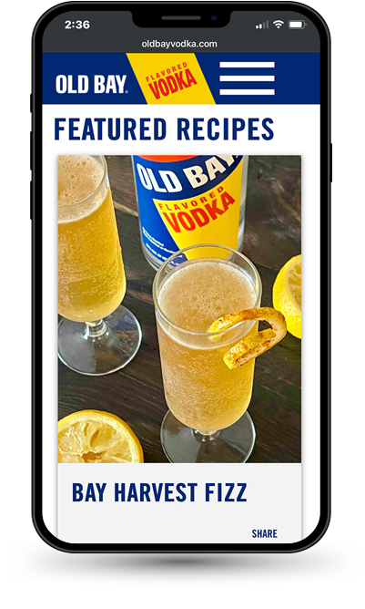 Cell Phone displaying featured recipes for old bay vodka