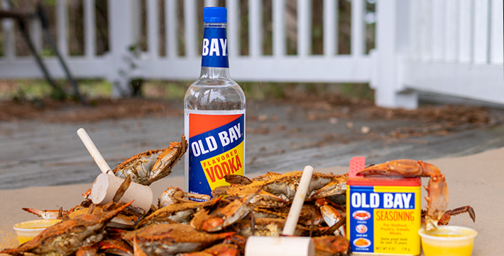 Old Bay vodka with steamed blue crabs, old bay, butter, and mallets