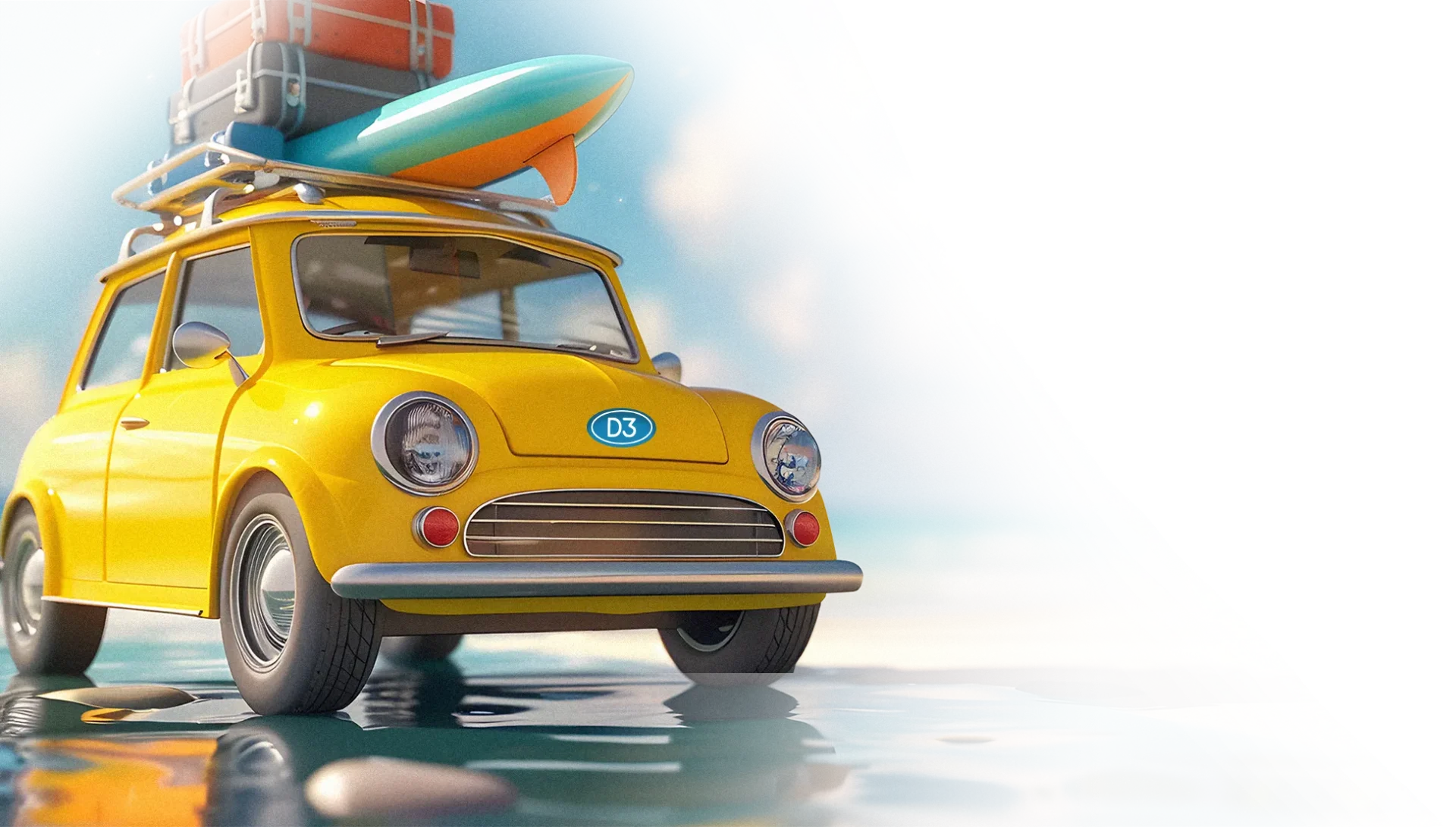 Yellow car with surfboard on top