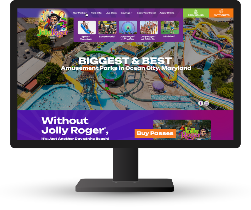 Monitor showing Jolly Roger Park homepage