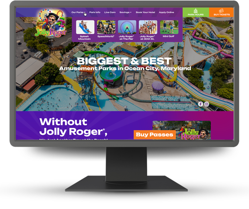 Monitor displaying homepage of Jolly Roger Park