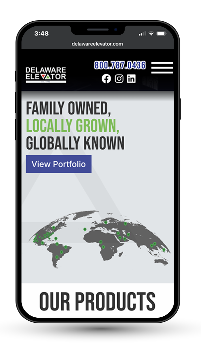 Cell phone displaying DE Elevator website