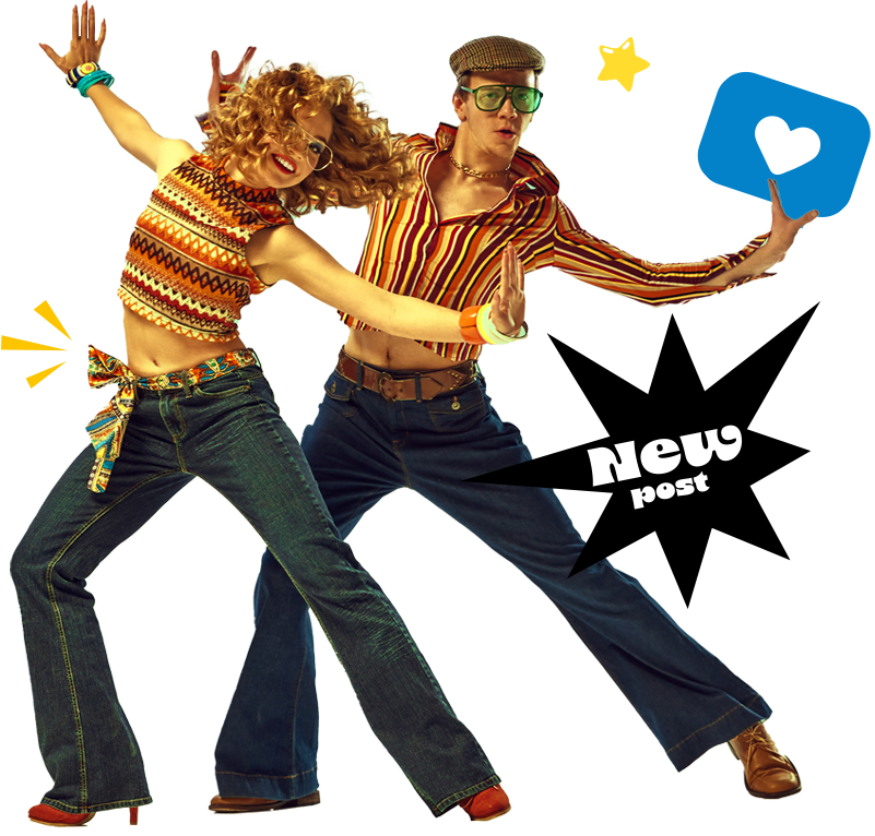 Man and woman dressed in retro clothing dancing with text reading "New Post" on screen.